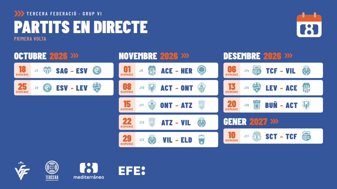 Calendario de partidos del Grupo VI de Tercera Federación que La 8 Mediterráneo emite en directo en la primera vuelta 2026/2027