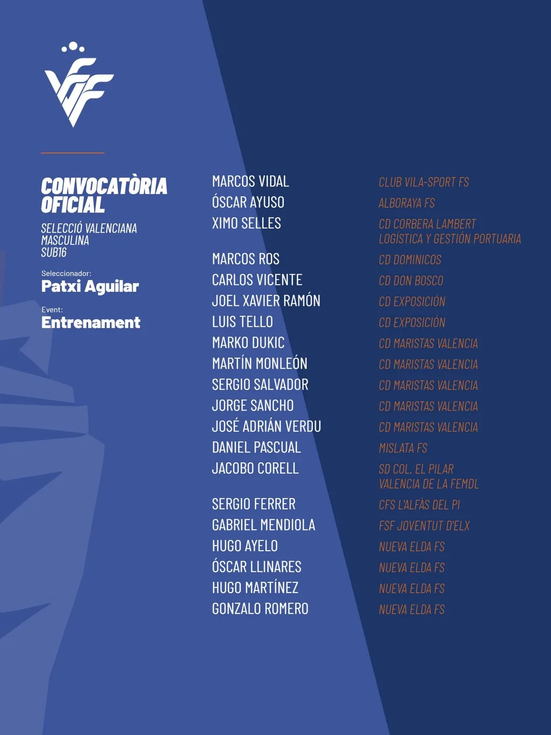 Lista de convocados de la Selecció Valenciana masculina sub16 de fútbol sala para el 2 de noviembre