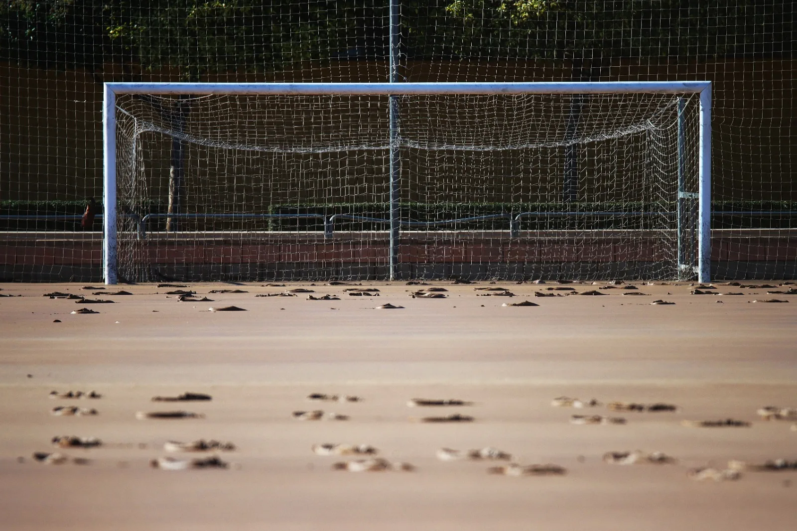 Porteria d’un camp de futbol cobert de fang sec després de la dana