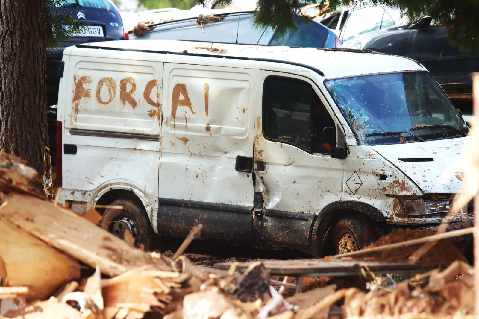 Furgoneta destrossada per la dana amb la paraula Força escrita en el fang