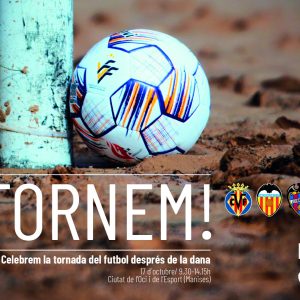 Cartel del II Torneo Tornem! con un balón junto a una portería embarrada, escudos de los clubes participantes y logos de la Agencia EFE y la FFCV